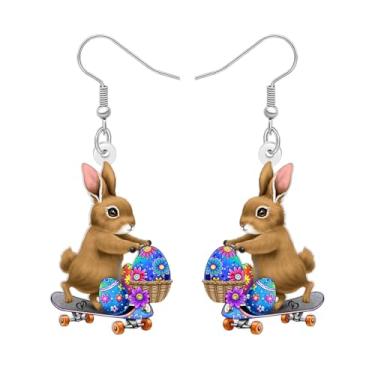 Imagem de DALANE Brincos de acrílico fofos para presente de coelhinho pisando no skate brincos engraçados de coelho lebre designer brincos hipoalergênicos amantes de animais, joias para mulheres, pingentes de