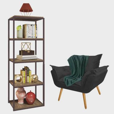 Imagem de Kit Poltrona Fatte com Manta Soft Verde e Estante Livreiro Ferro Marrom mdf Rústico Sue...