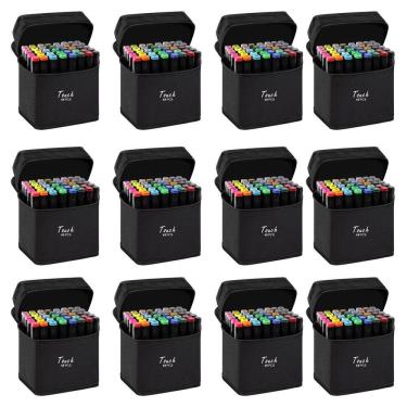 Imagem de Caneta Canetinha 48 Cores Ponta Dupla Kit 12 unidades Marcador Permanente Estojo com Alça Arte Pintura Desenho Estudante Trabalho Escola Cartaz