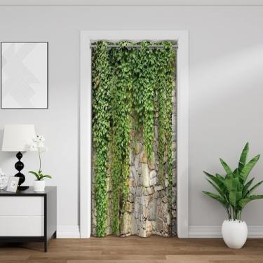 Imagem de Cortinas de porta de folha de hera verde para porta privacidade folhas plantas parede de pedra rústica cenário de primavera natureza escurecimento de quarto cortinas blackout com isolamento térmico