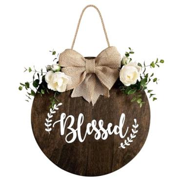 Imagem de MayAvenue Placa de decoração de grinaldas abençoadas porta frontal, placa de madeira redonda com laço de fita e folhas verdes artificiais, decorações de varanda de fazenda para casa no dia de Ação de Graças, marrom