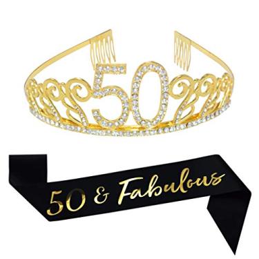 Imagem de Tiara e faixa douradas de 50 anos, faixa de cetim com glitter e coroa de aniversário de tiara de cristal para festa de 50 anos Artigos de decoração de lembranças de 50º aniversário Topper de bolo