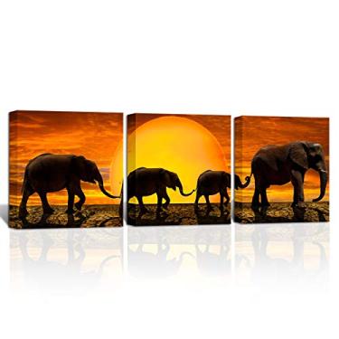 Imagem de KLVOS 3 painéis pintura de paisagem africana elefante arte de parede impressão em tela moderna animal selvagem imagens em tela para sala de estar impressão do pôr do sol arte emoldurada e pronta para pendurar 30 x 30 cm x 3 peças