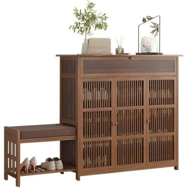Imagem de LGEOELIAS Armário de sapatos com gaveta e banco – Organizador de sapatos de bambu com prateleiras ajustáveis para 18-26 pares, armazenamento de sapatos para sala de estar corredor entrada