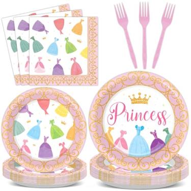 Imagem de Qyeahkj 100 peças de pratos e guardanapos de aniversário de princesa, suprimentos de festa com tema de princesa, decoração de festa, coroa, descartável, conjunto de utensílios de mesa para meninas