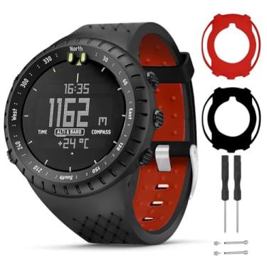 Imagem de T-BLUER Pulseira de relógio compatível com núcleo Suunto, pulseira de substituição de silicone e capa protetora completa para relógio inteligente Suunto Core, preto e vermelho