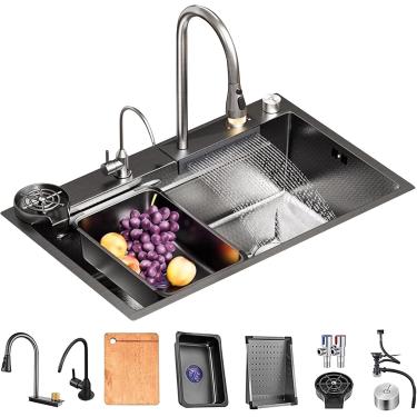 Imagem de Pia De Cozinha Em Aço Inoxidável Preto, Unidade De Pia De Cozinha Em Cascata Com Revestimento Nano, Pia De Cozinha De Tigela Única, Com Torneira Extraível De Enxág, Black-c, 85x45x22cm