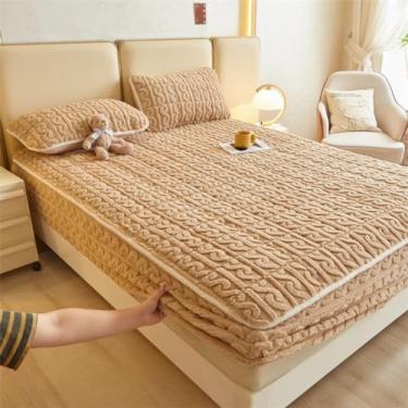 Imagem de Capa de colchão, lençol com elástico, protetor de colchão de algodão espesso, respirável, confortável, capa de colchão, quente, de veludo, para a pele, para cama cáqui ||Queen: 150 x 200 cm (3 peças)
