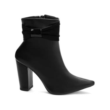 Imagem de EMILY ONLINE, Bota Cano Curto Salto Alto Grosso 9 cm Bico Fino Feminina Preta com Laço e Forro Cacharrel (Preto, 35)