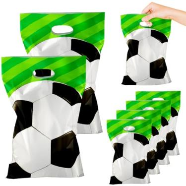 Imagem de Glodecart 50 peças de sacos de presente de futebol para lembrancinhas de festa, embalagem de presente, sacolas plásticas de presente de futebol com alças para aniversário, dia de jogos, eventos