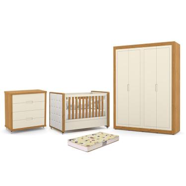 Imagem de Dormitório Tutto New 4 Portas, Cômoda 4 Gavetas e Berço com Capitonê e Colchão Supreme - Matic Móveis Off White/Freijó