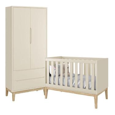 Imagem de Jogo De Quarto Classic Guarda Roupa 2 Portas E Berço Areia Fosco Com Pés Madeira Natural - Reller Móveis Areia Fosco