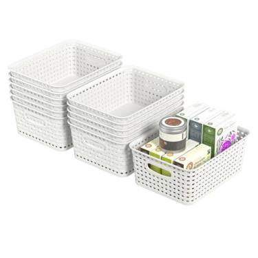 Imagem de Vcansay Cestas organizadoras de trama de plástico branco, cestas pequenas para armazenamento de plástico, cesta de prateleira, 12 pacotes
