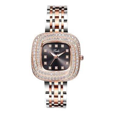 Imagem de Lancardo Relógio quadrado feminino de luxo: relógio de pulso feminino analógico de quartzo brilhante com strass e pulseira de ouro rosa prata, Mostrador preto.