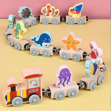 Imagem de Conjunto de Trem Magnético de Madeira Montessori - Brinquedo Educacional Infantil (Animais Marinhos)