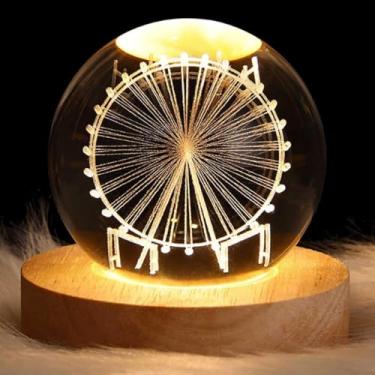 Imagem de Luminária Cristal de Mesa Sistema Solar Saturno Lua Galáxia LED Base Madeira Enfeite Decorativo Casa(Roda Gigante,Medio)