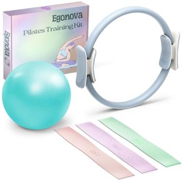 Imagem de EgoNova Conjunto de anéis de Pilates: Círculo mágico de 35,5 cm com alças duplas acolchoadas, mini bola de Pilates e faixas de resistência (38, 60, 15,9 kg) para força, flexibilidade, estabilidade e
