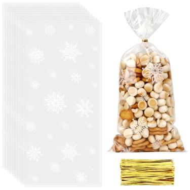 Imagem de 100 unidades de sacos de guloseimas de celofane de inverno (12 x 28 cm) com laços plásticos falsos de neve Goodie doces biscoitos saque sacos de presentes bolsas a granel para lembrancinhas de festa