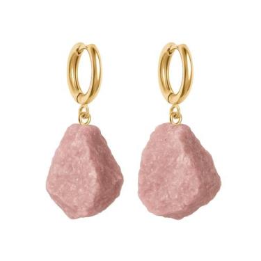 Imagem de Brinco de Argola Jaspe Rosa - Cristal Natural, Banho Ouro 18k