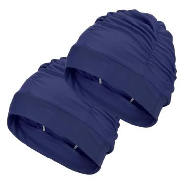 Imagem de YELARXI Touca de natação de tecido de poliéster touca de natação elástica, adequada para mulheres e homens adultos cabelos longos (2 peças, azul escuro)