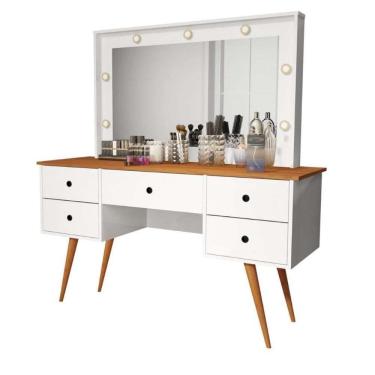 Imagem de Penteadeira Camarim Com Led Espelho Bancada De Maquiagem Pé Madeira Retrô 5 Gaveta Branco / Nature