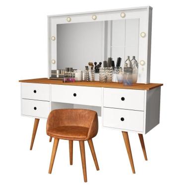 Imagem de Penteadeira Camarim Com Espelho Led 5 Gavetas Banqueta Inclusa Courino Pé Madeira Branco/nature