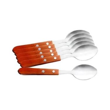 Imagem de Jogo Colher de Sopa Inox Cabo De Madeira Kehome 6 Peças Talheres Resta