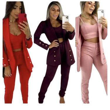 Imagem de Conjunto BLAZER 3 pecas Alfaiataria + Croped + calca conjunto feminino-Feminino