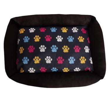 Imagem de Cama Caminha Pet Cachorro Gato Lavável Com Ziper e Colchonete Média 70 x 50 cm Grande 100 x 87 cm (Preto Patinhas Coloridas, Médio)