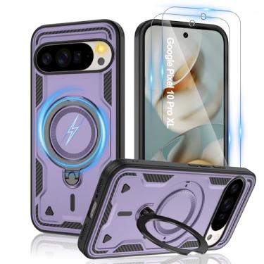 Imagem de Gritup Capa para Google Pixel 10 Pro XL: compatível com MagSafe | com protetor de tela HD × 2 | Suporte giratório de metal | Proteção à prova de quedas de grau militar | Antiimpressões digitais, roxo