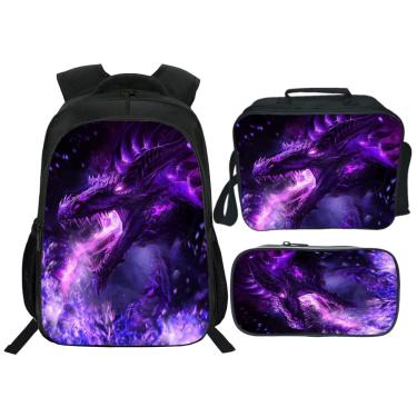 Imagem de Mochila Lureix Dragon de 40 cm com lancheira e estojo para lápis para crianças