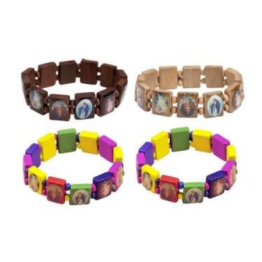 Imagem de DATOA 4 peças de pulseira de madeira Jesus Virgem Maria Santos Rosário de madeira elástica pequeno painel pulseira santos religiosos Jesus presente, 7, Madeira, Sem Pedra Preciosa