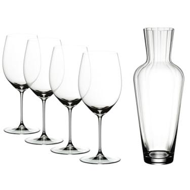 Imagem de RIEDEL Veritas Cabernet/Merlot + Decantador de Mosel, conjunto de taças de vinho, pacote com 5 - Cabernet, Merlot, Decantador - Seguro para lava-louças, vidro de cristal - 5449/0-MOS