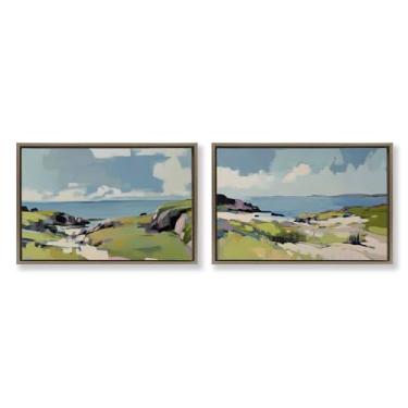 Imagem de Stupell Industries Conjunto de tela flutuante com moldura marrom Breezy Bay Landscape 2 peças por Elara Yasna, 21 x 31