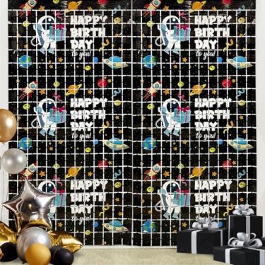Imagem de Pacote com 2 cortinas para festas de aniversário de astronauta, espaço sideral, com franja, 10 x 1,5 m, pano de fundo preto, para crianças, meninos, meninas, galáxia, aniversário, chá de bebê