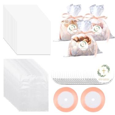 Imagem de HICOHAND Sacos de guloseimas transparentes de celofane, 100 peças, laços religiosos, materiais de embalagem de plástico com adesivos de batismo para biscoitos, doces, chocolates, feijão