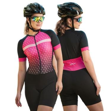 Imagem de Macaquinho de Ciclismo Feminino Manga Curta Way Poá Rosa Forro Espuma 