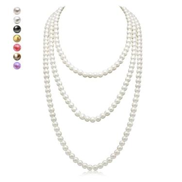 Imagem de richhut Colar feminino de pérolas longas - pérolas cultivadas naturais - pérolas luxuosas de fio de 8 mm - elegância atemporal dos anos 1920 - ótimo para esposas, namoradas, irmãs e melhores amigas