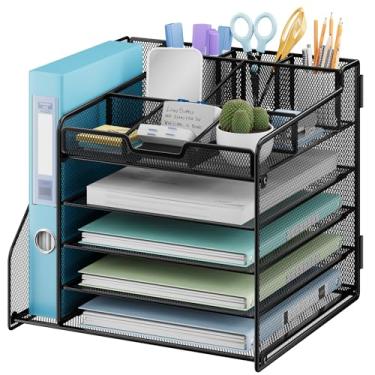 Imagem de Lavatino Organizador de mesa de 5 camadas com suporte de arquivo, bandeja de papel ajustável de metal para organizadores e acessórios de mesa de escritório ou casa | 7 divisórias flexíveis mantêm os