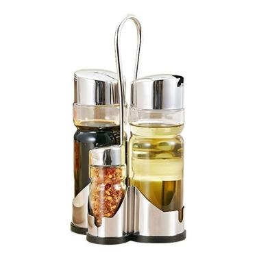 Imagem de Galheteiro de Vidro 4 Pçs com Suporte Metal - Azeite Vinagre Sal Pimenta Tempero - 4 Pçs - PANAMI