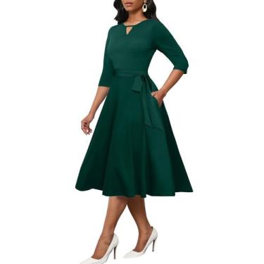 Imagem de Vestido midi CLOCOR casual, manga 3/4, cintura alta, evasê, verde