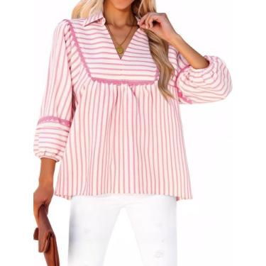 Imagem de Blusa feminina Tankaneo listrada Babydoll, manga 3/4, rosa, branca