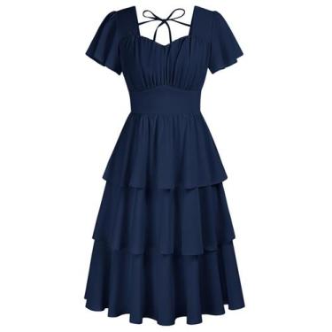Imagem de Vestido Belle Poque Vintage em camadas A-line Swing azul marinho