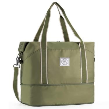 Imagem de WALNEW Bolsa esportiva de viagem, bolsa de mão feminina e masculina, bolsa de ginástica impermeável dobrável com alça de fivela de metal, Verde militar, Bolsa de viagem impermeável com fivela de metal