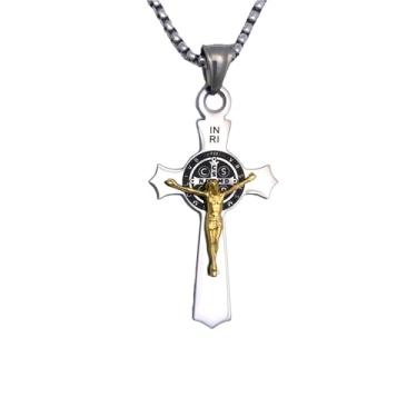 Imagem de Tapp Collections Colar com pingente de cruz de crucifixo de São Bento de aço inoxidável INRI, Pendant: 55 x 28 mm; Necklace: 22" + 2" extension, Aço inoxidável, Sem Pedra Preciosa