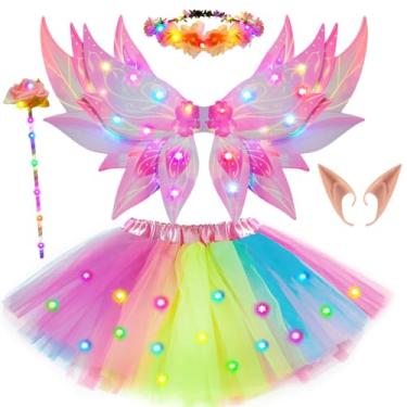 Imagem de G.C 6pcs Girls Fairy Wings Costume Kids Toddler Light Up LED Butterfly Wings with Fairy Ears Wand Crown Tutu Halloween Princess Dress Up Gifts (Pink)
