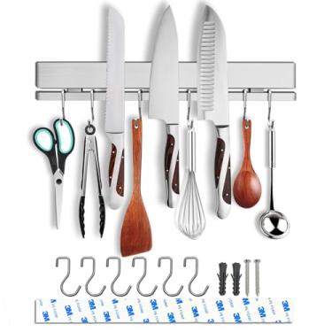 Imagem de HomeSimplex Suporte magnético de 30 cm para parede com 6 ganchos sem furadeira - barra magnética dupla - faca adesiva forte - cabide de utensílios de cozinha - suporte magnético de aço inoxidável 304
