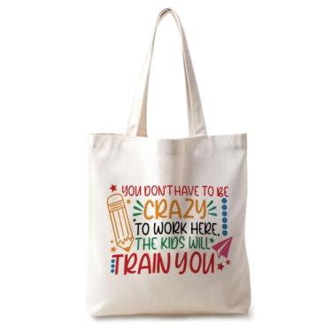 Imagem de Ymzkpoa Sacola de lona Teacher Thank You Gifts for Women Men, You Don't Have To Be Crazy To Work Here, presente personalizado para professores de matemática, dança, música, arte, matemática