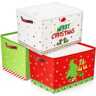 Imagem de Geelin 3 cestas grandes de Natal, 38 x 28 x 23 cm, caixa vazia de armazenamento de Natal com alças dobrável, impermeável, extra grande, dobrável, para escritório, casa, quarto, brinquedo de presente