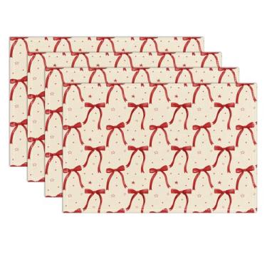 Imagem de Conjunto de 4 tapetes de mesa com estrela de laço vermelho fofo à prova d'água, jogo americano lavável, tapetes antiderrapantes resistentes ao calor para decoração interna e externa, decoração de